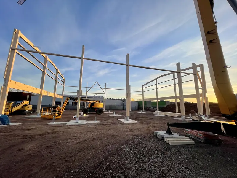 Steel frame assembly during the early commercial building phase