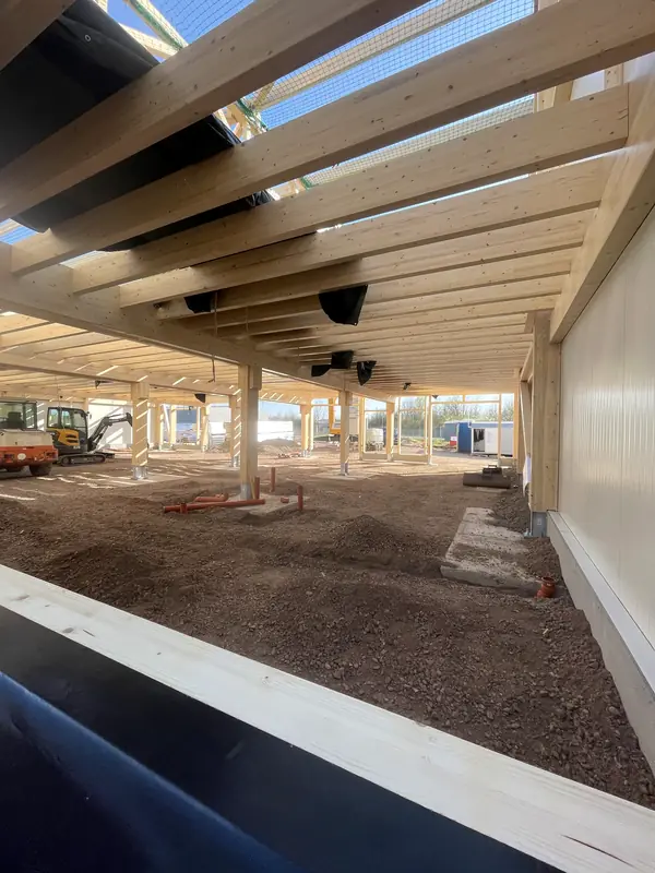 Interior view beneath the installed timber roof trusses
