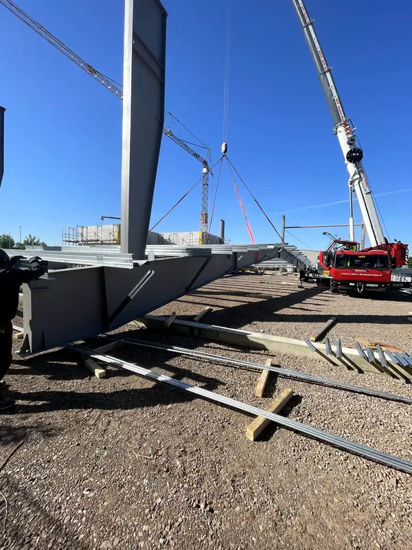 Primary steel columns standing during the early warehouse construction phase