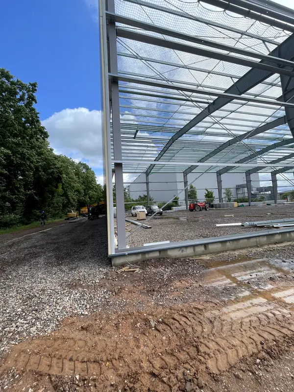 Warehouse gable frame and roof structure during installation