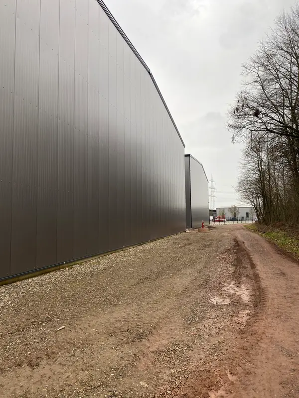 Completed long side elevation of the twin warehouse development